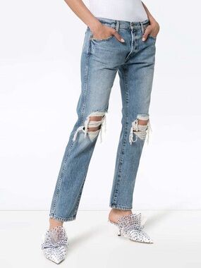 KHAITE Kyle Low-Rise Straight Jeans Ripped Distressed Denim Blue Jeans